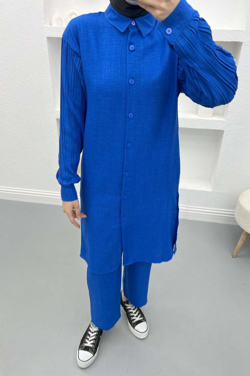 Sleeve Pleated Shirt Set Saxe Blue