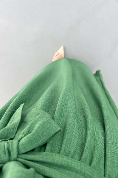 Pleated Sleeve Brooch Dress Green