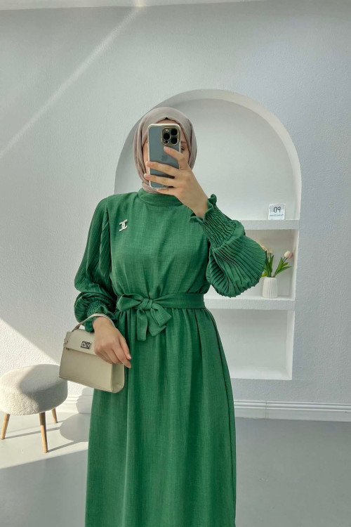 Pleated Sleeve Brooch Dress Green