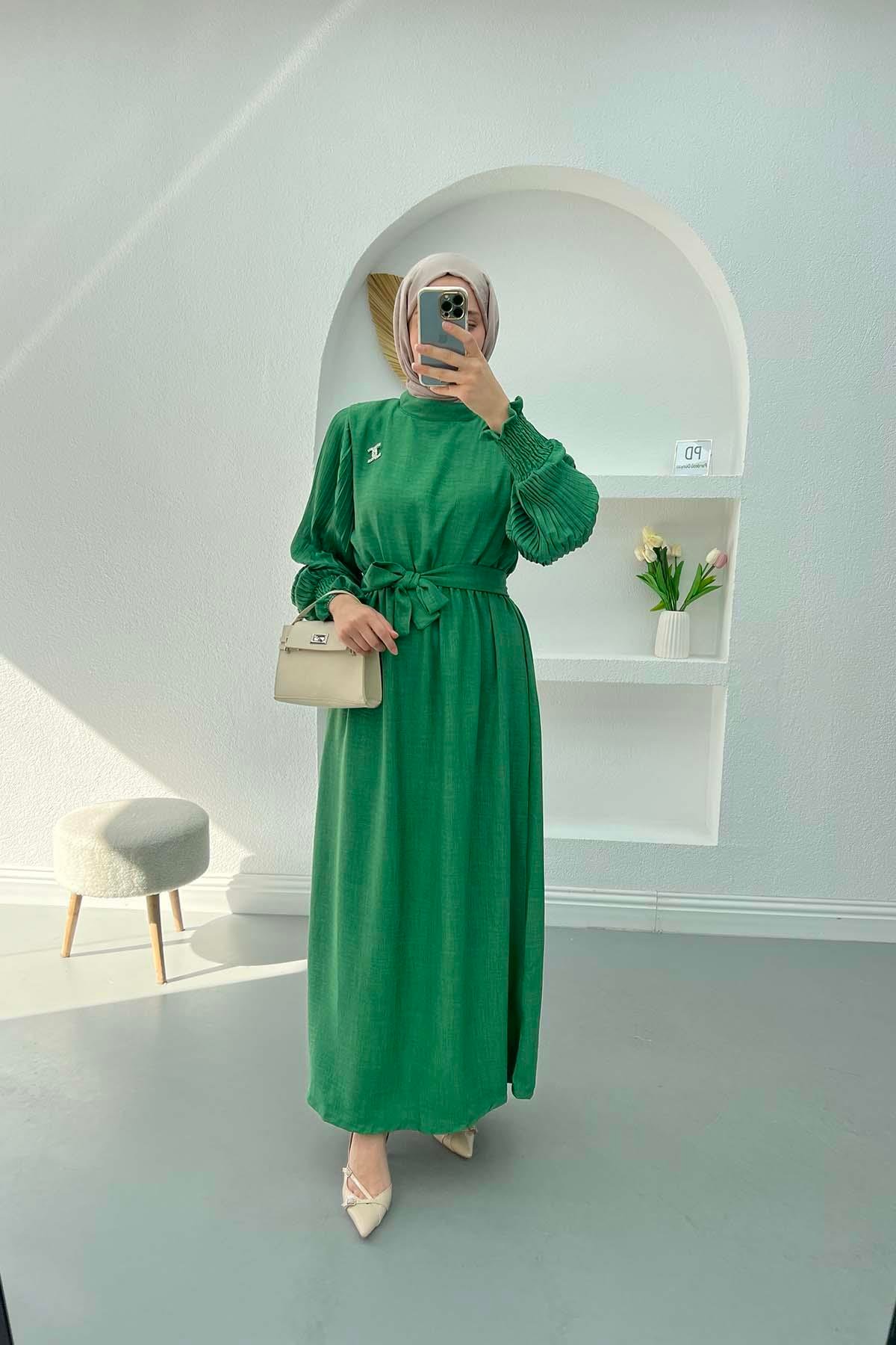 Pleated Sleeve Brooch Dress Green