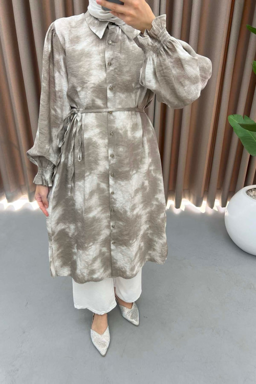 Sleeve Ribbed Batik Pattern Tunic Mink