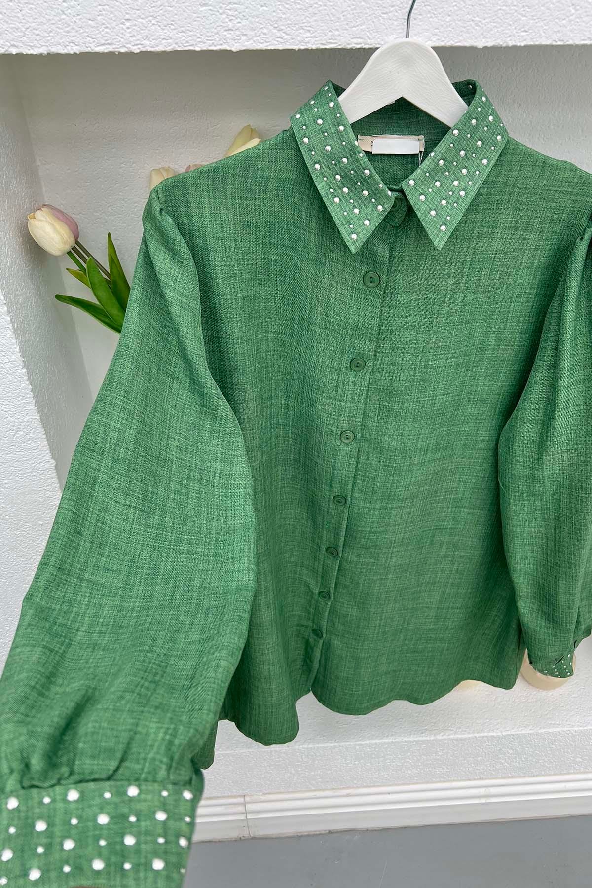 Sleeve and Collar Stoned Suit Green