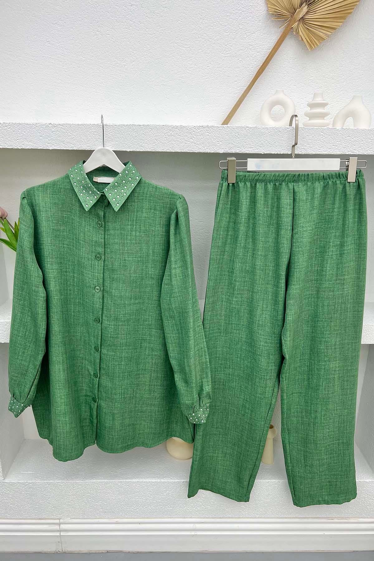 Sleeve and Collar Stoned Suit Green