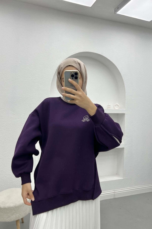 Sleeve Slit Three Thread Sweatshirt Plum