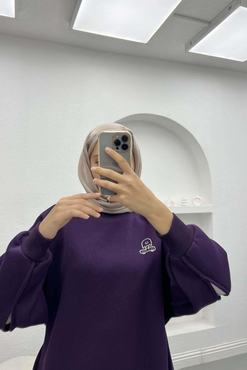 Sleeve Slit Three Thread Sweatshirt Plum