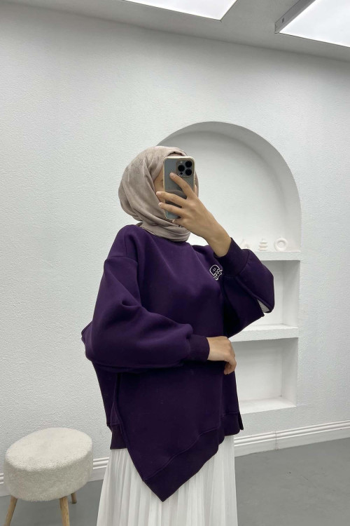 Sleeve Slit Three Thread Sweatshirt Plum