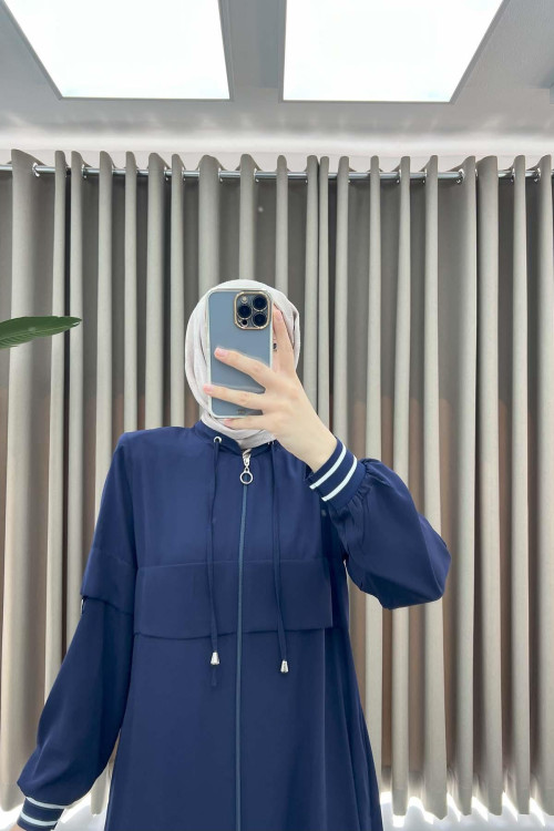 Striped Sleeve Abaya Navy Blue