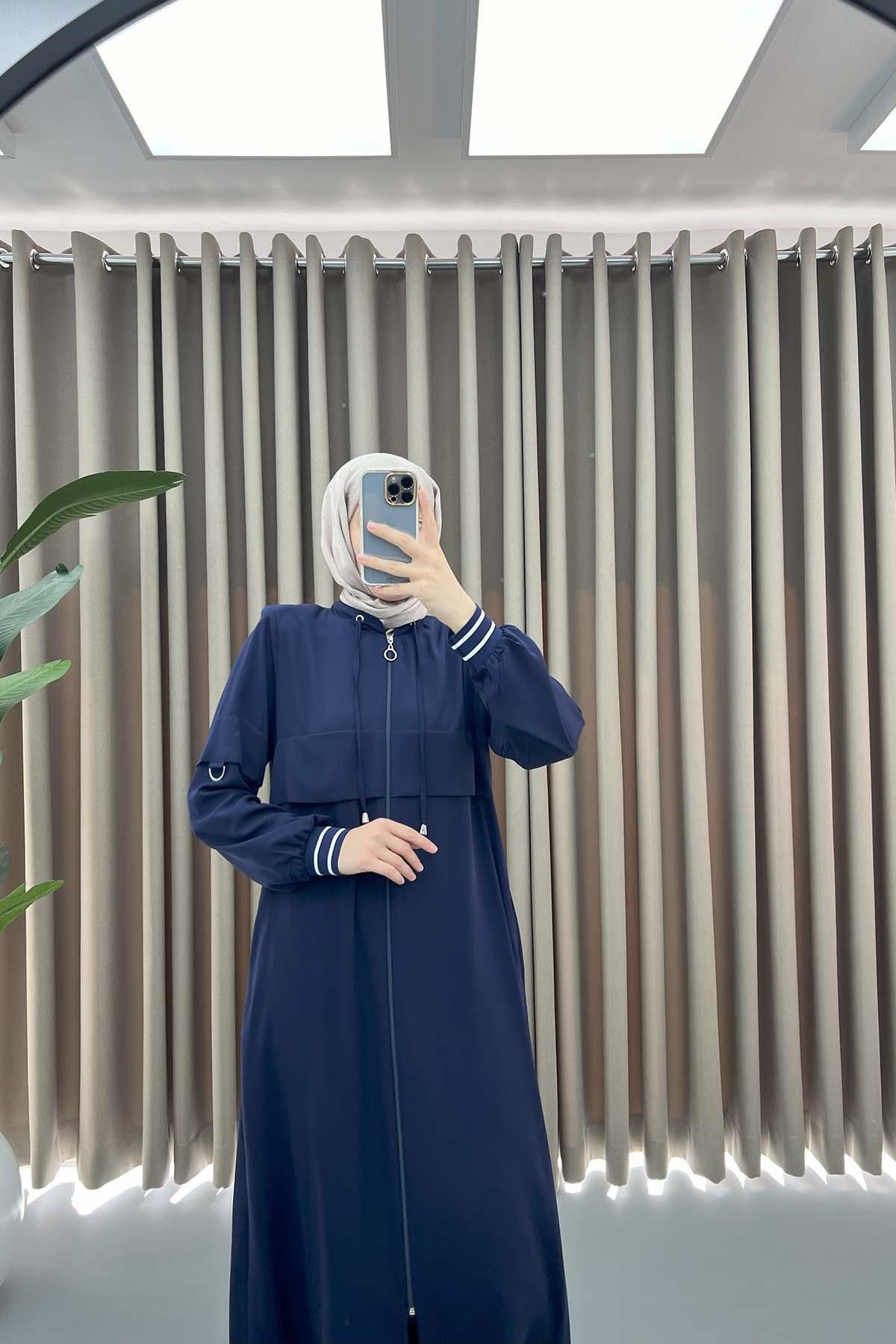 Striped Sleeve Abaya Navy Blue