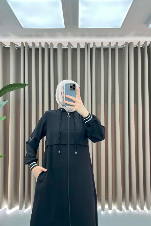 Striped Sleeve Abaya Black