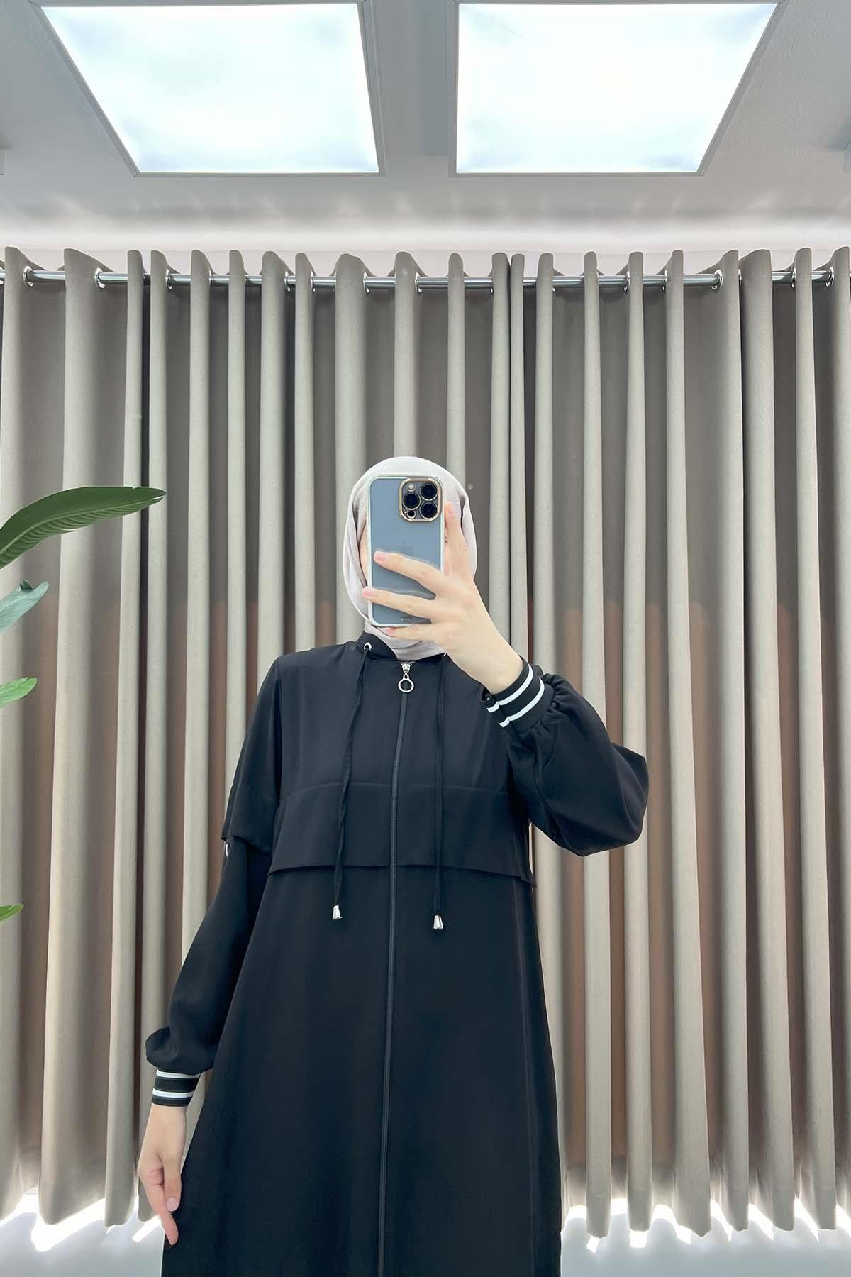 Striped Sleeve Abaya Black