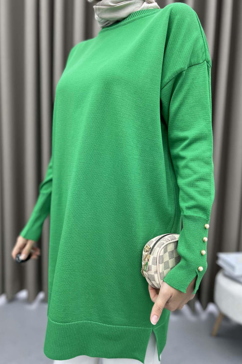 Pearl Buttoned Sleeve Tunic Green