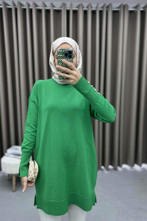 Pearl Buttoned Sleeve Tunic Green