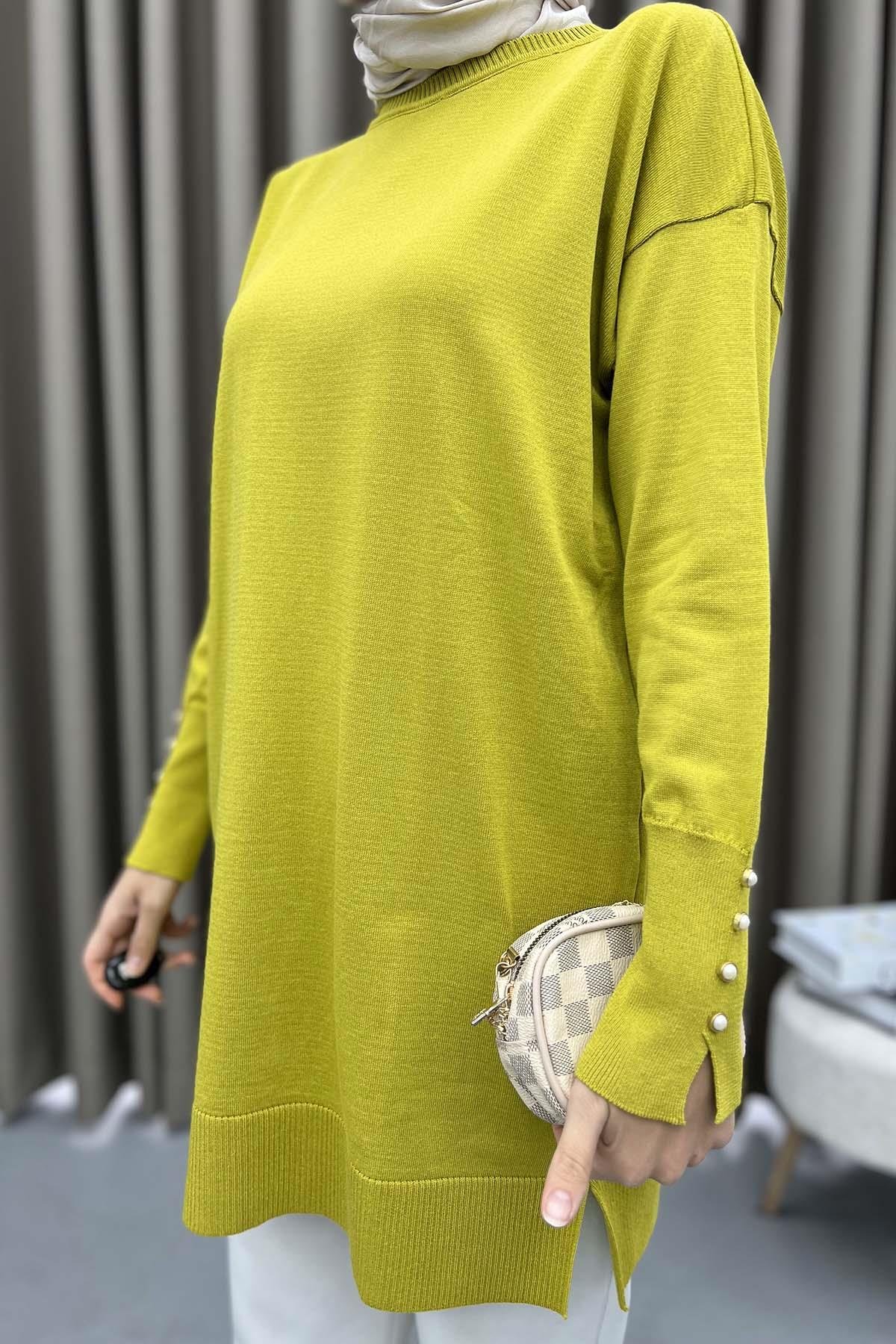 Pearl Buttoned Sleeve Tunic Olive Green