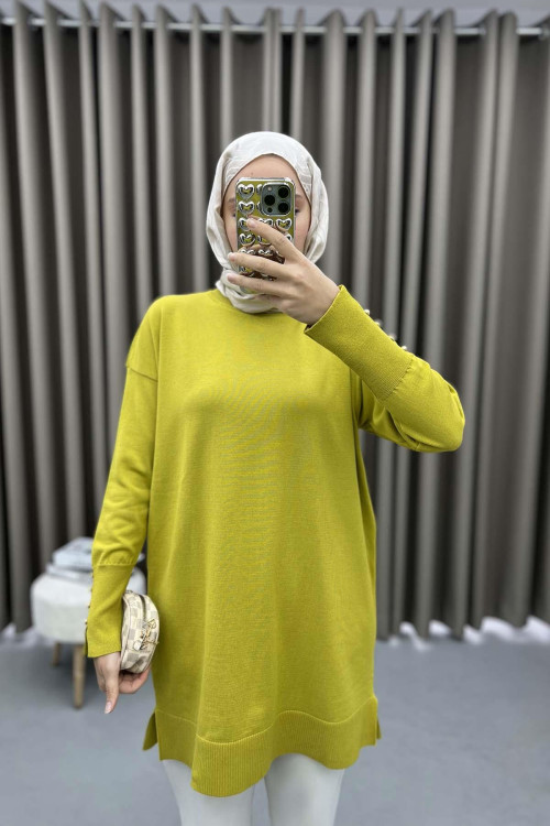 Pearl Buttoned Sleeve Tunic Olive Green