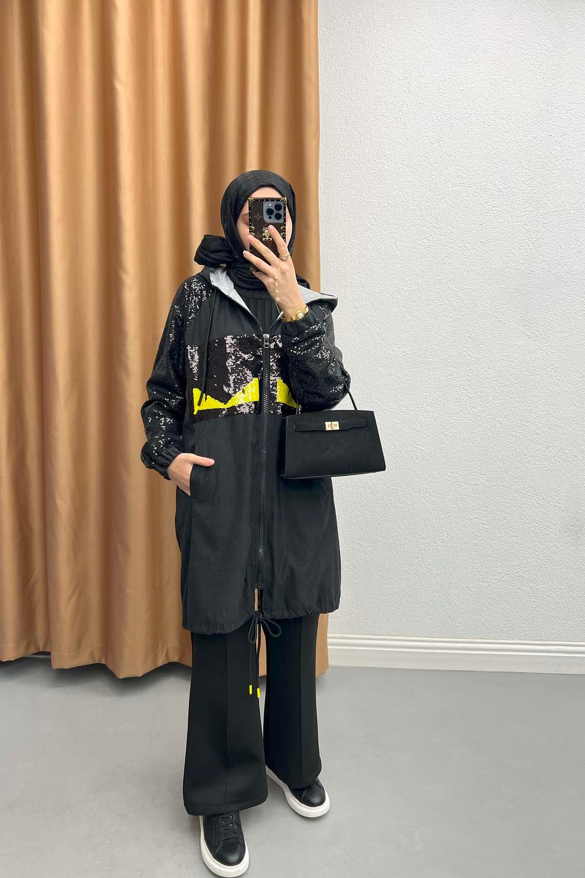 Raincoat with Sequined Sleeves Black