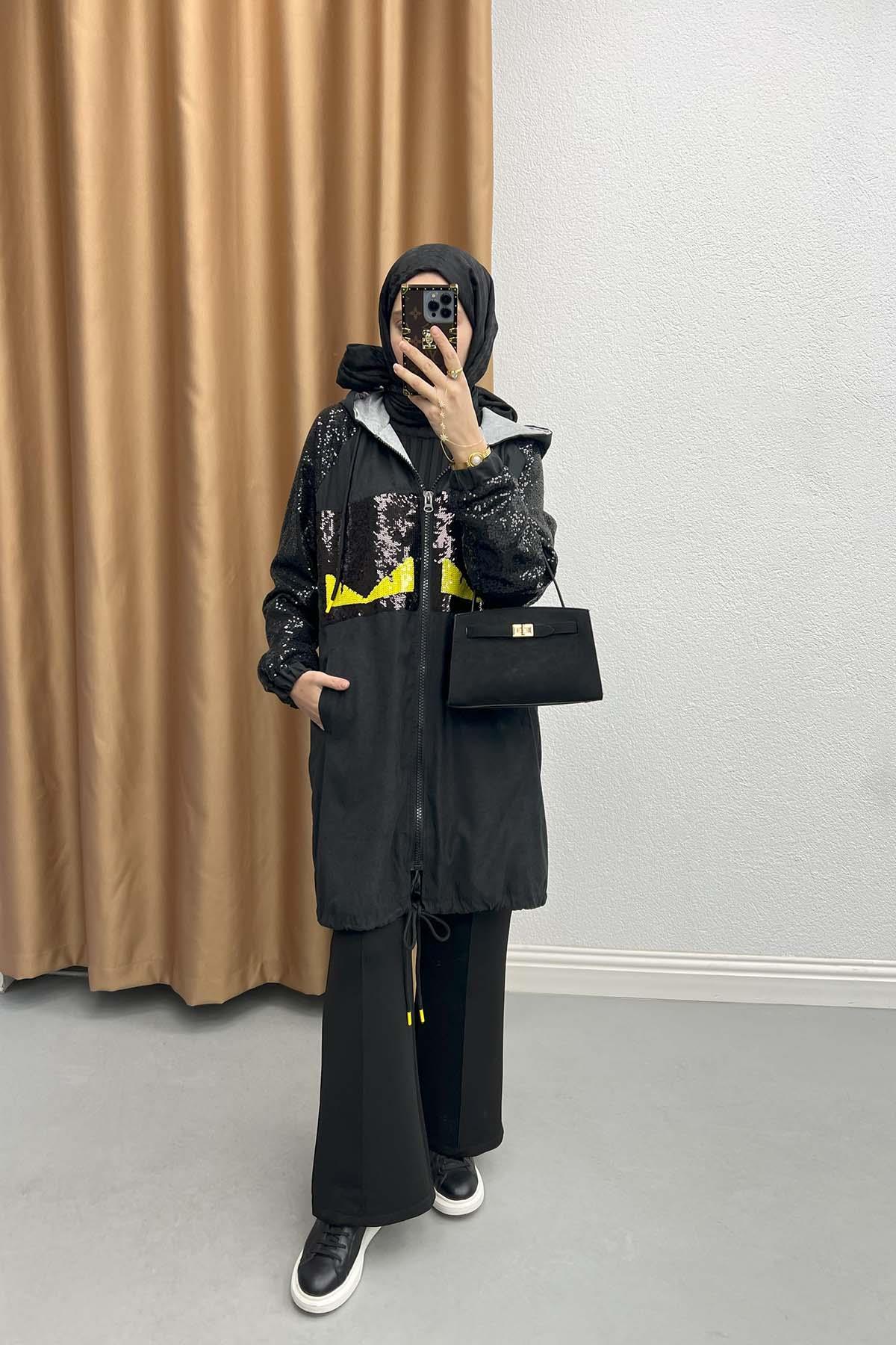 Raincoat with Sequined Sleeves Black