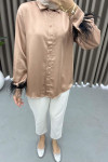 Satin Shirt with Feathered Sleeves, Milky Coffee