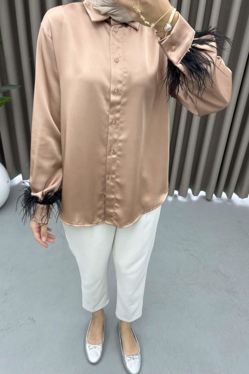 Satin Shirt with Feathered Sleeves, Milky Coffee