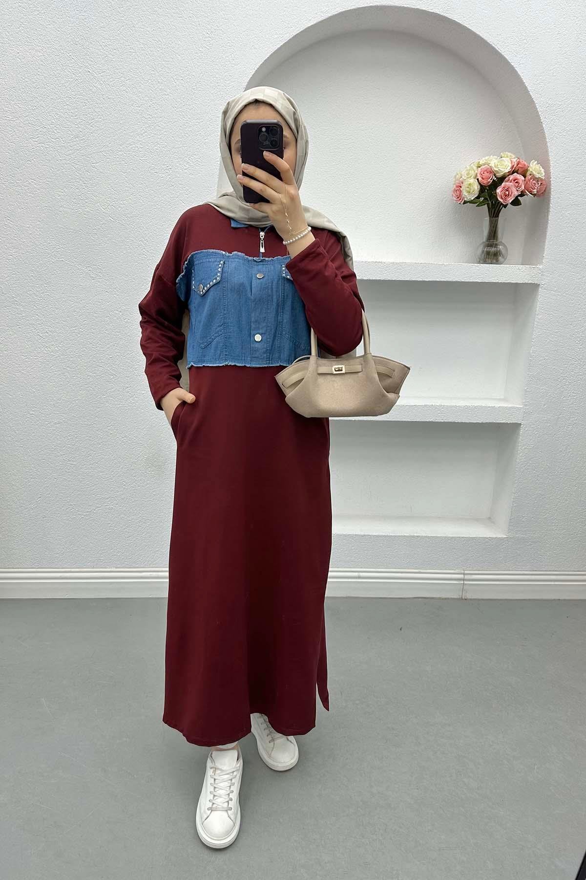 Denim Detailed Stone Dress Burgundy