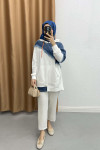 Denim Garnished Hooded Sweatshirt White