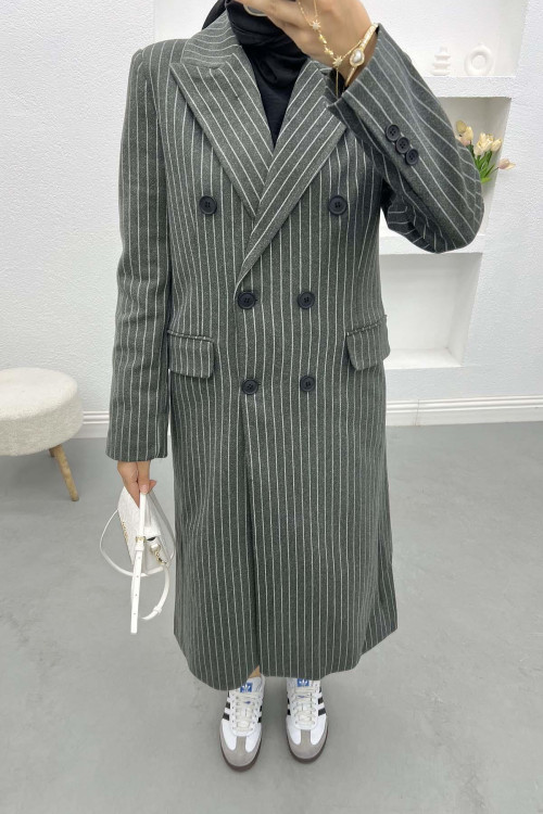 Double Breasted Striped Coat Anthracite