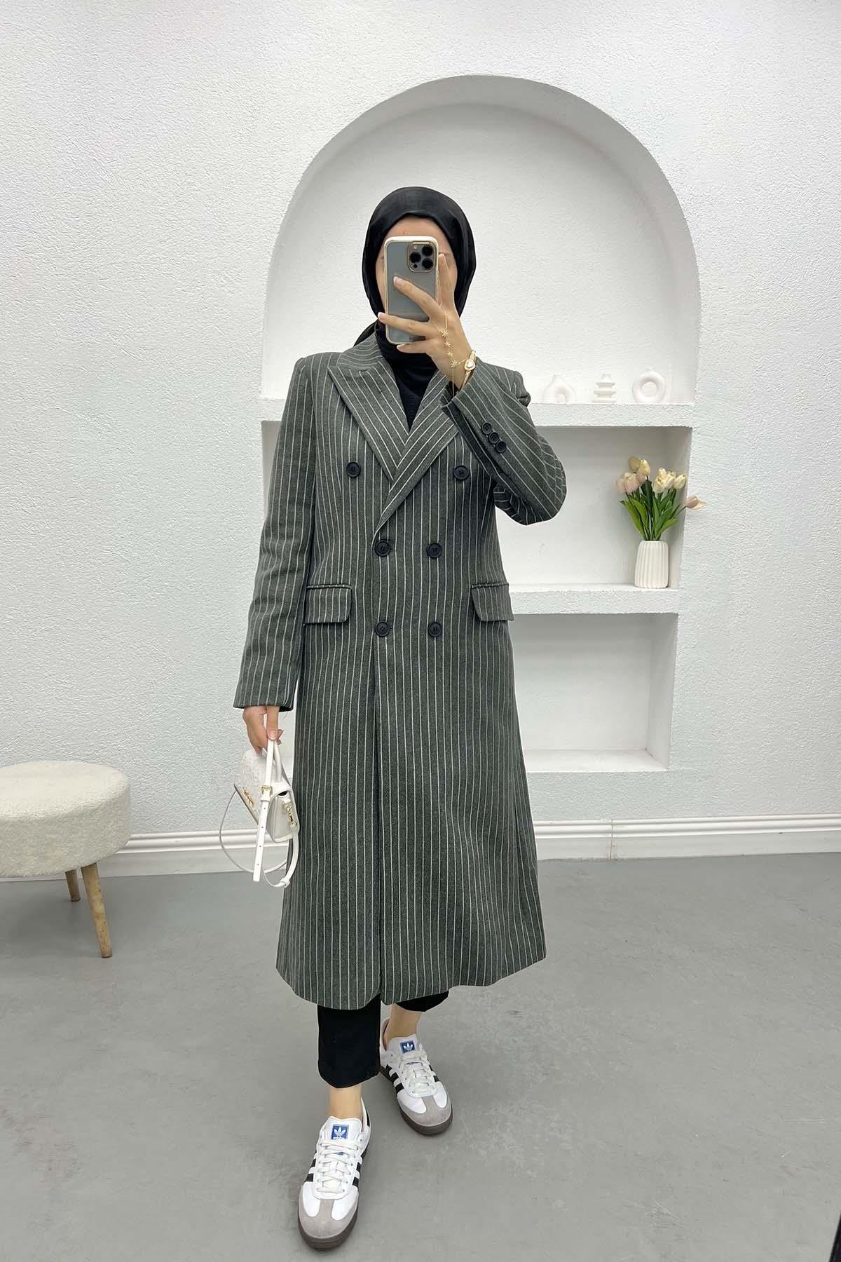 Double Breasted Striped Coat Anthracite