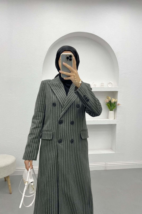 Double Breasted Striped Coat Anthracite