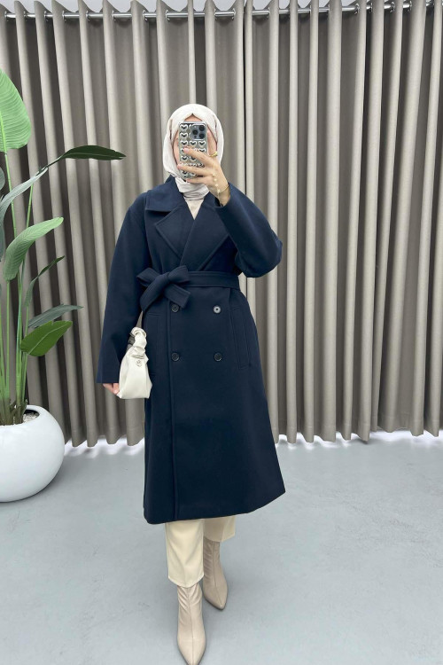 Double Breasted Collar Alternative Coat Navy Blue