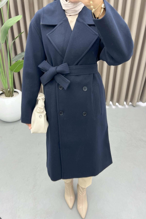 Double Breasted Collar Alternative Coat Navy Blue