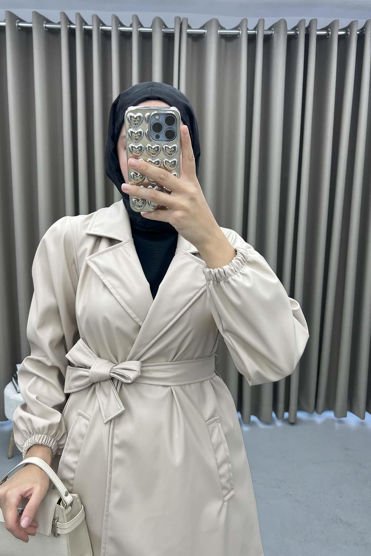 Belted Leather Trench Coat Beige