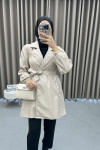 Belted Leather Trench Coat Beige