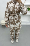 Belted Patterned Suit Brown