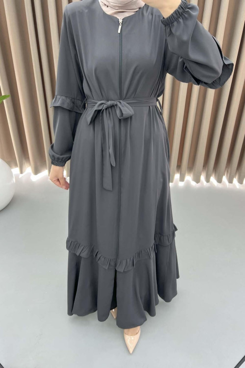 Belted Ruffle Abaya Anthracite