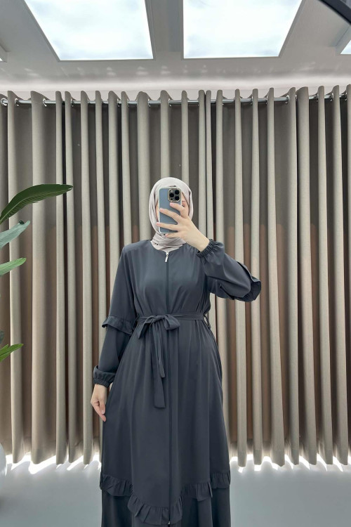 Belted Ruffle Abaya Anthracite