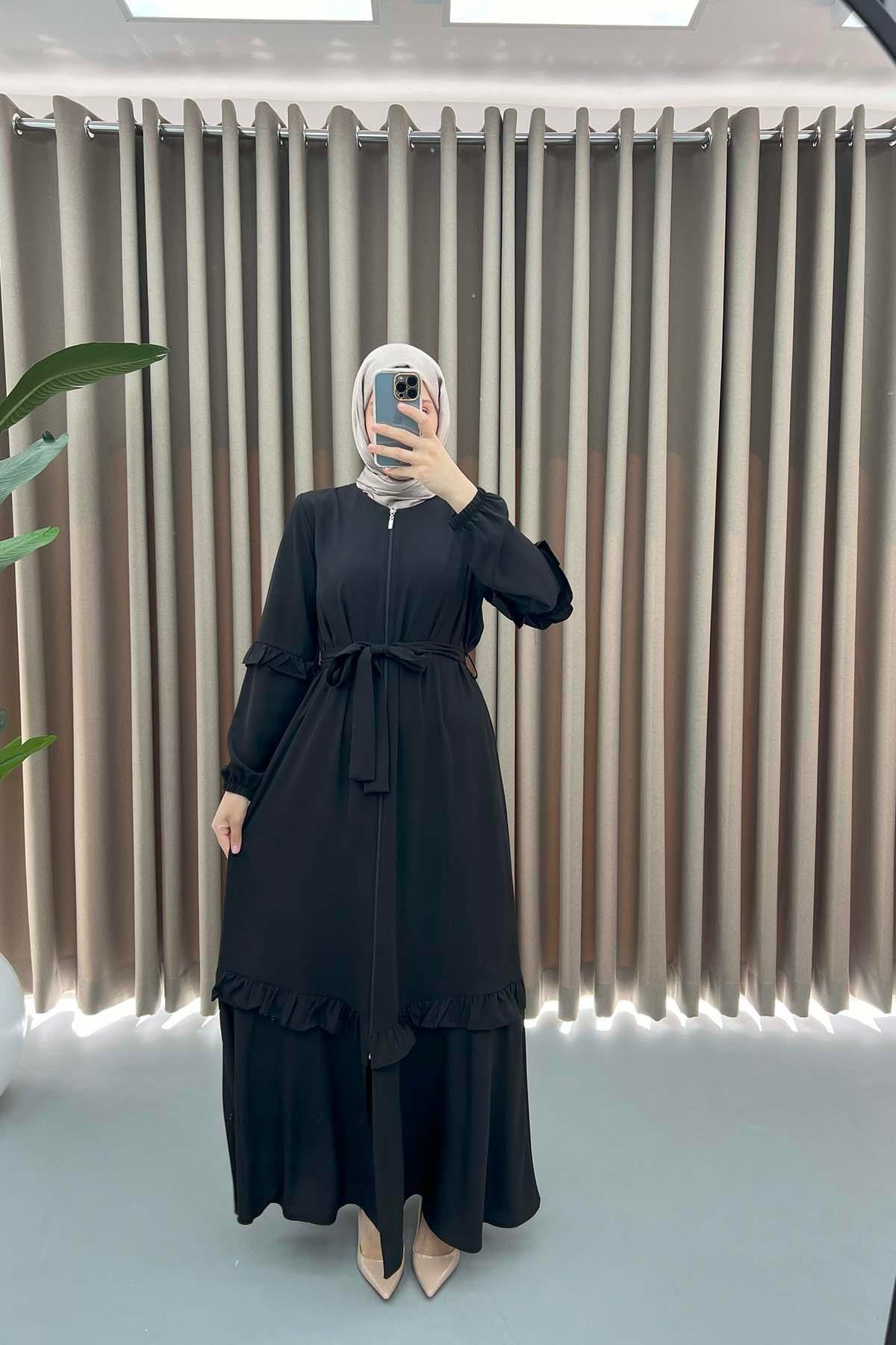 Belted Ruffle Abaya Black