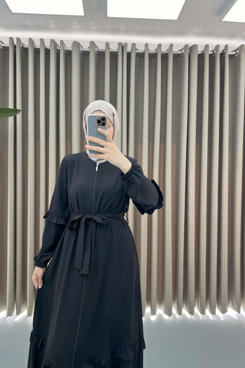 Belted Ruffle Abaya Black