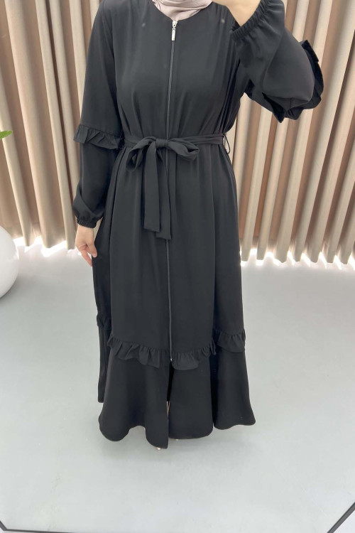 Belted Ruffle Abaya Black