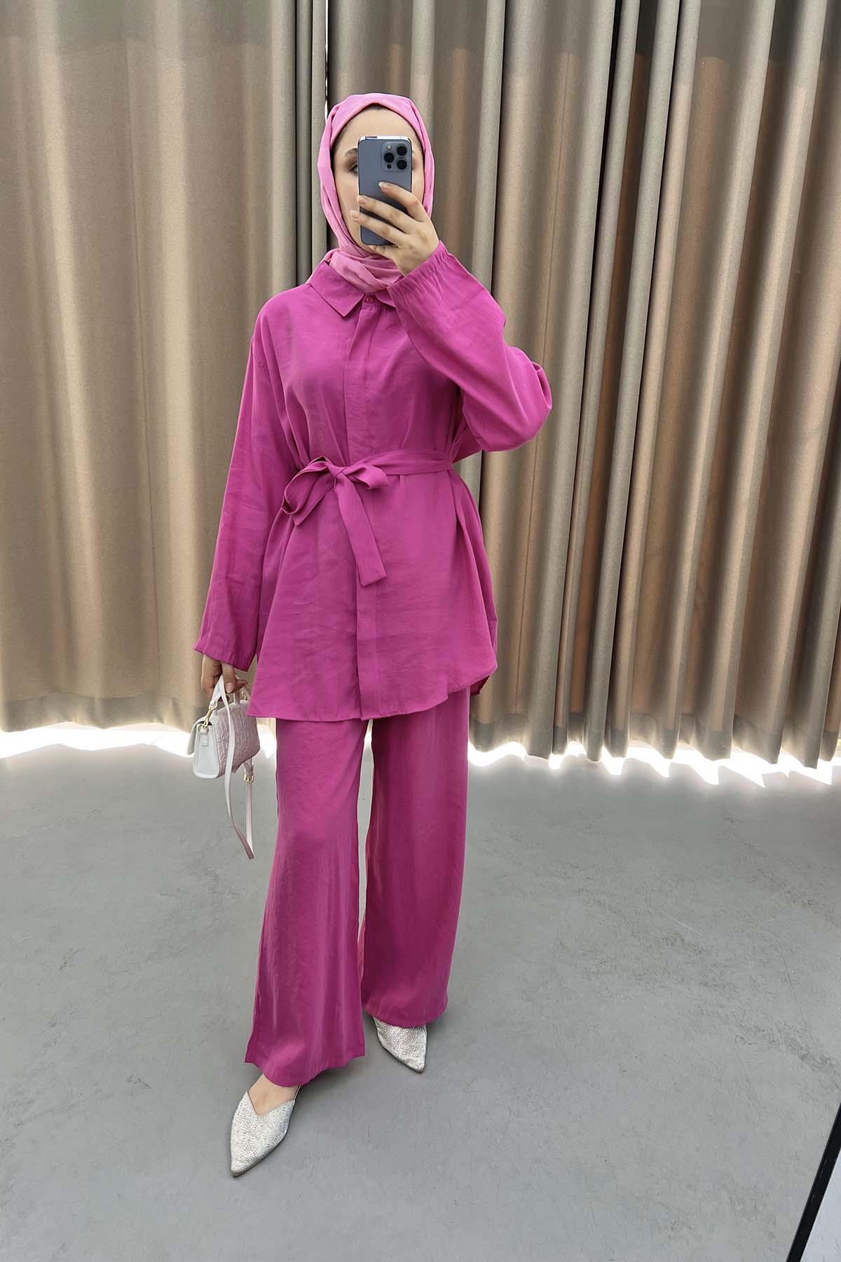 Belted Shirt Set Fuchsia