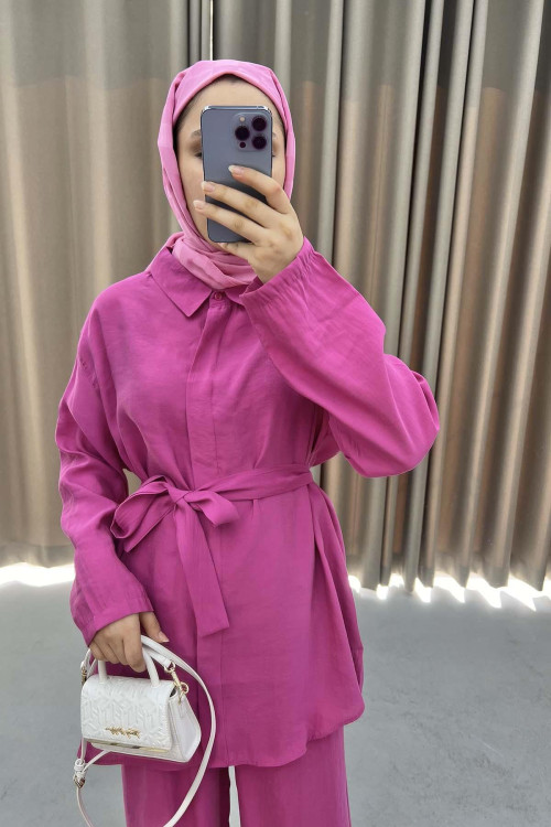 Belted Shirt Set Fuchsia