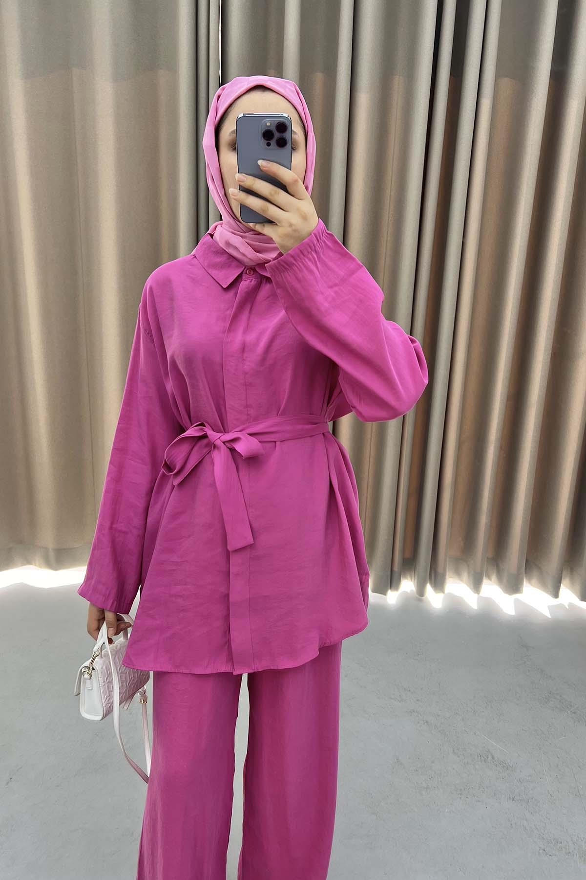 Belted Shirt Set Fuchsia