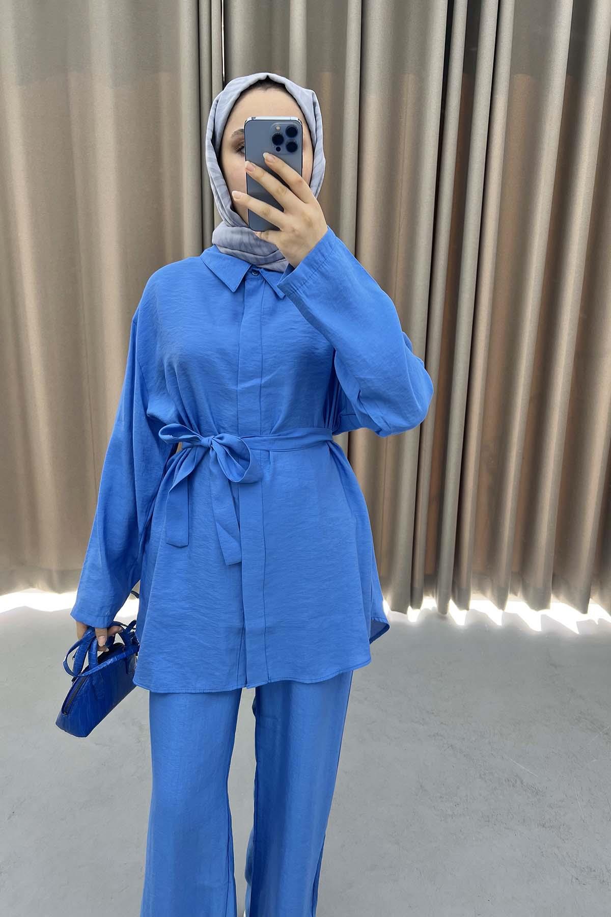 Belted Shirt Set Blue