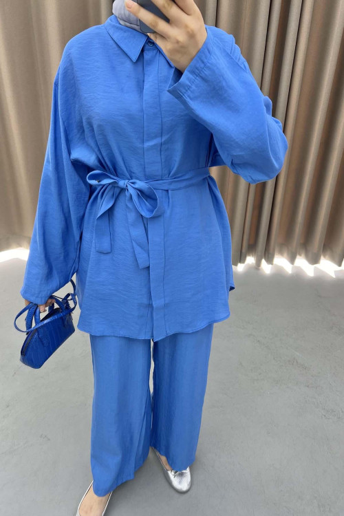 Belted Shirt Set Blue