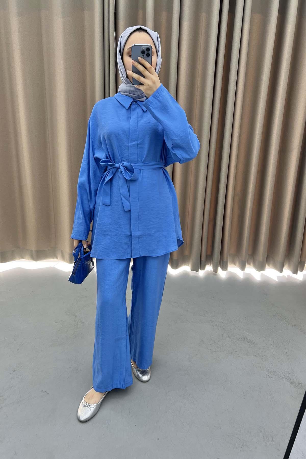 Belted Shirt Set Blue