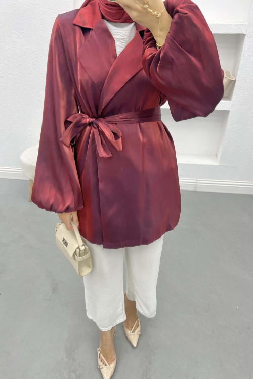 Belted Shiny Jacket Burgundy