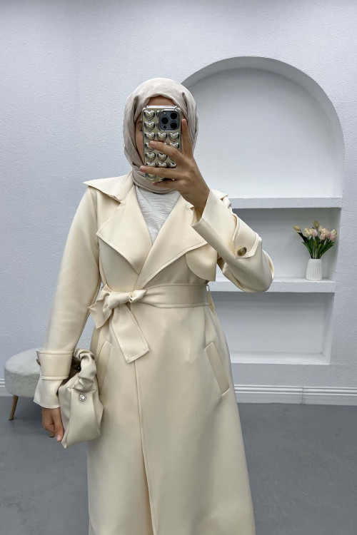 Belted Scuba Trench Coat Cream