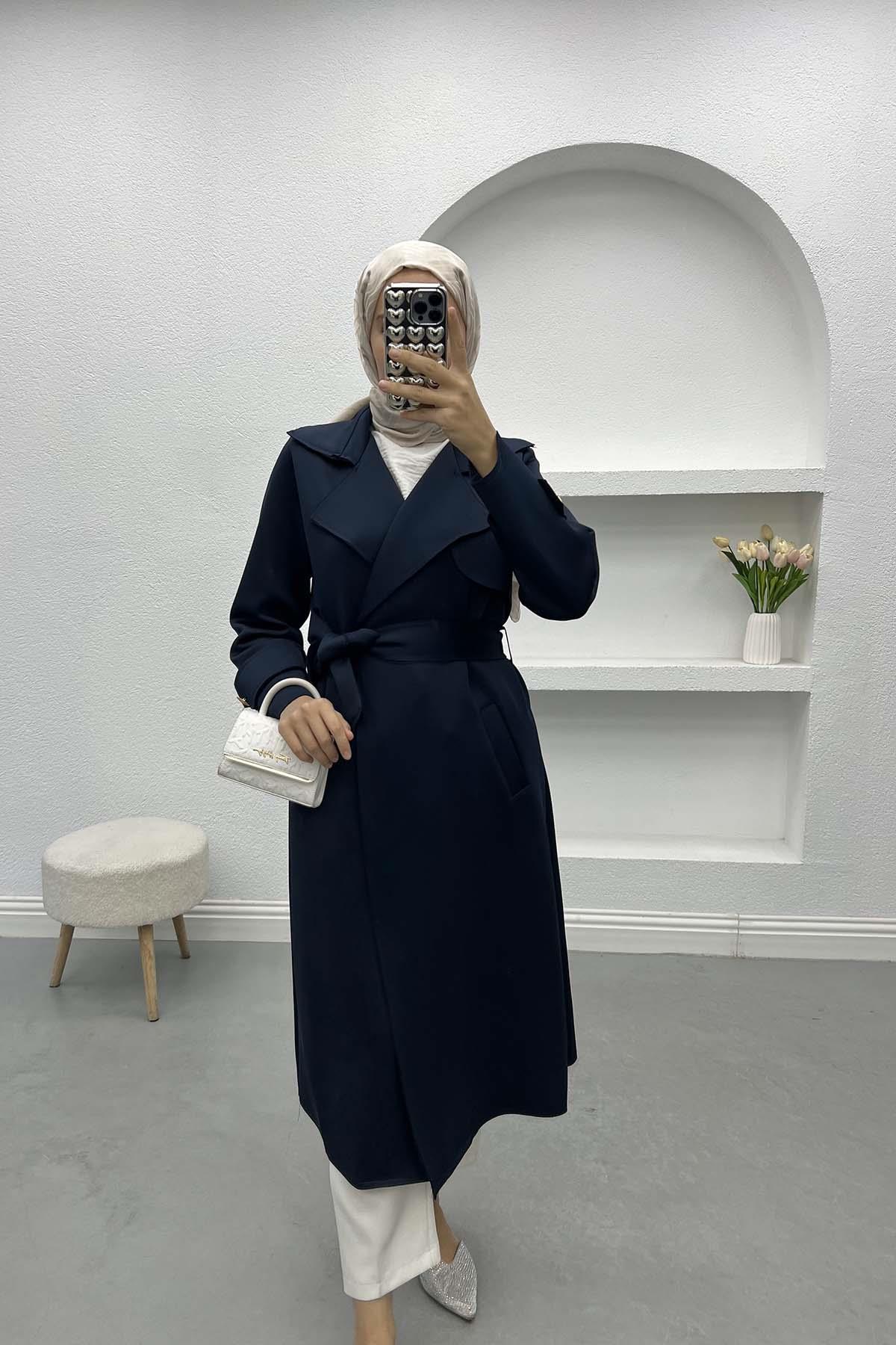 Belted Scuba Trench Coat Navy Blue