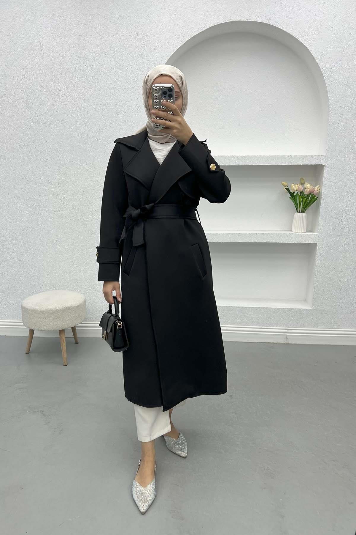 Belted Scuba Trench Coat Black