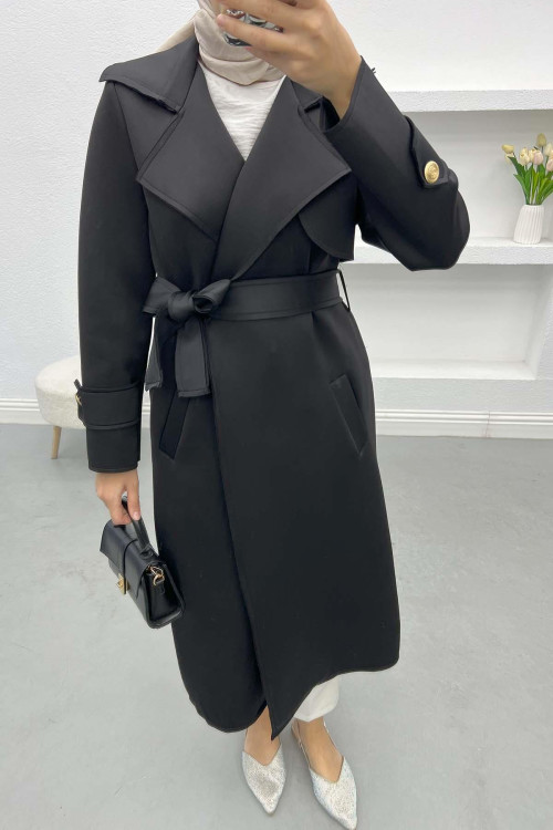 Belted Scuba Trench Coat Black