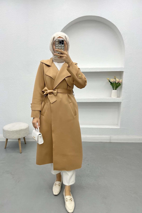 Belted Scuba Trench Coat Milky Coffee