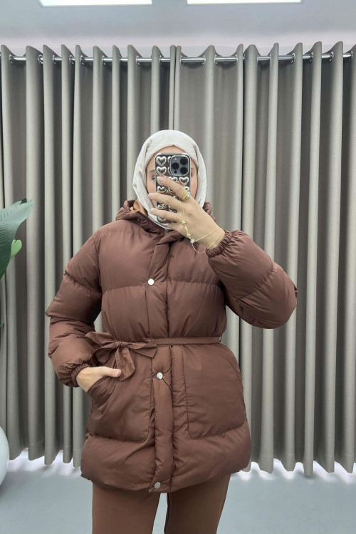 Belted Puffer Jacket Bitter Coffee